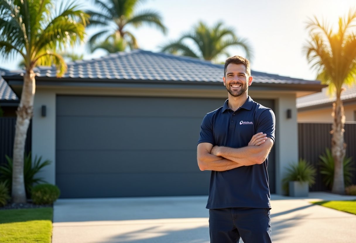 Technician beside a newly installed sectional garage door — Toowong